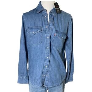Western Denim Snap Shirt Linen Blend Levi's Chambray Lightweight Blue XS Coastal